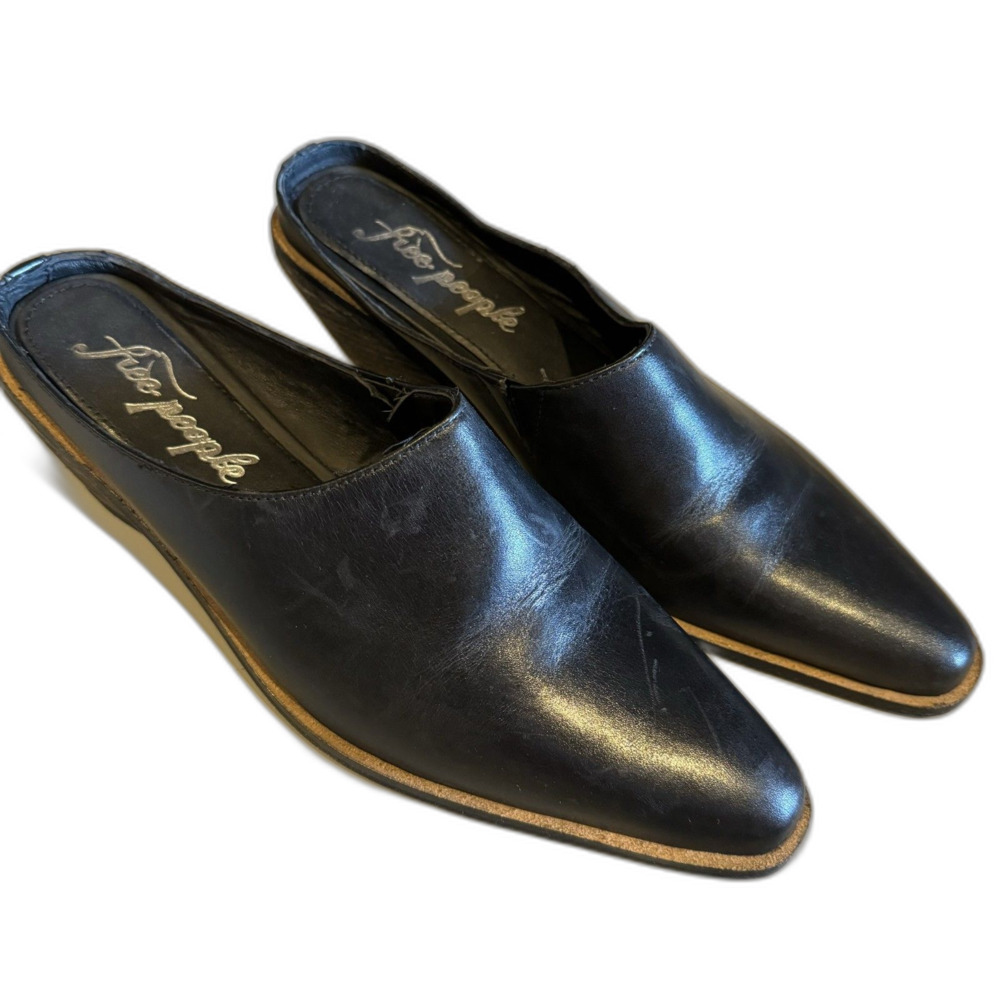 Free People Tallulah Mule Western Wedge Black Leather Square Toe Women US 9.5